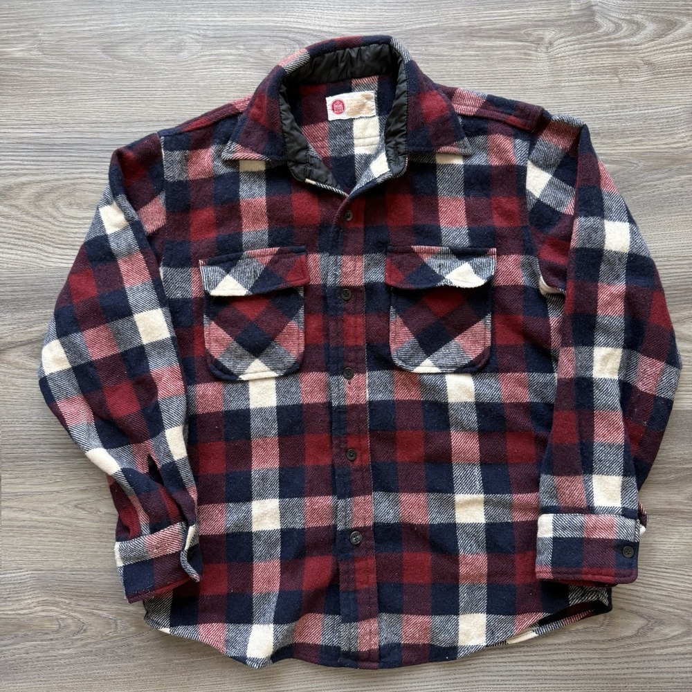 Vintage 70s Sears Kings Road Button‎ Up Shirt Wool Blend Size Medium Red